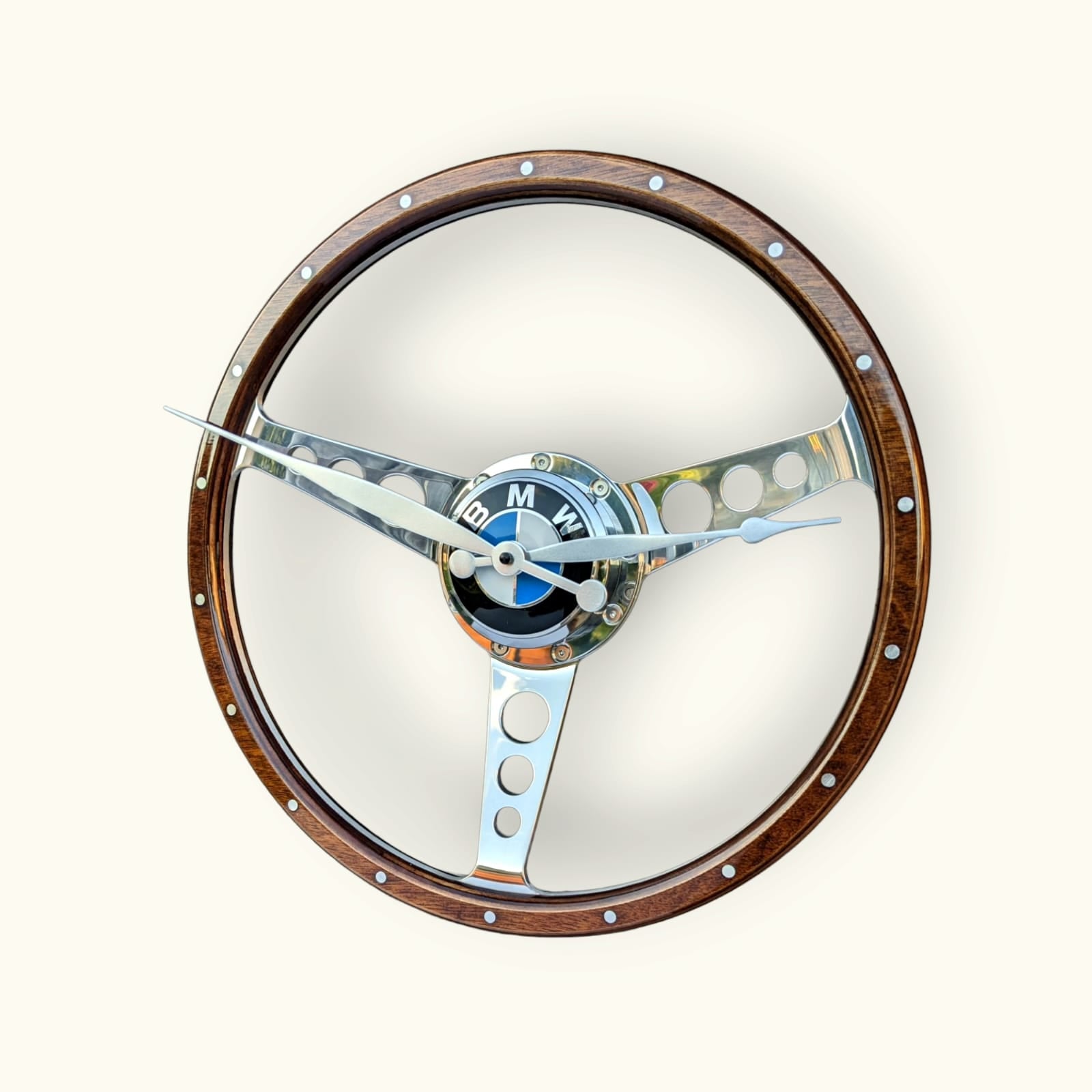 Classic car polished wooden steering wheel clock. Customers choice of car badge.