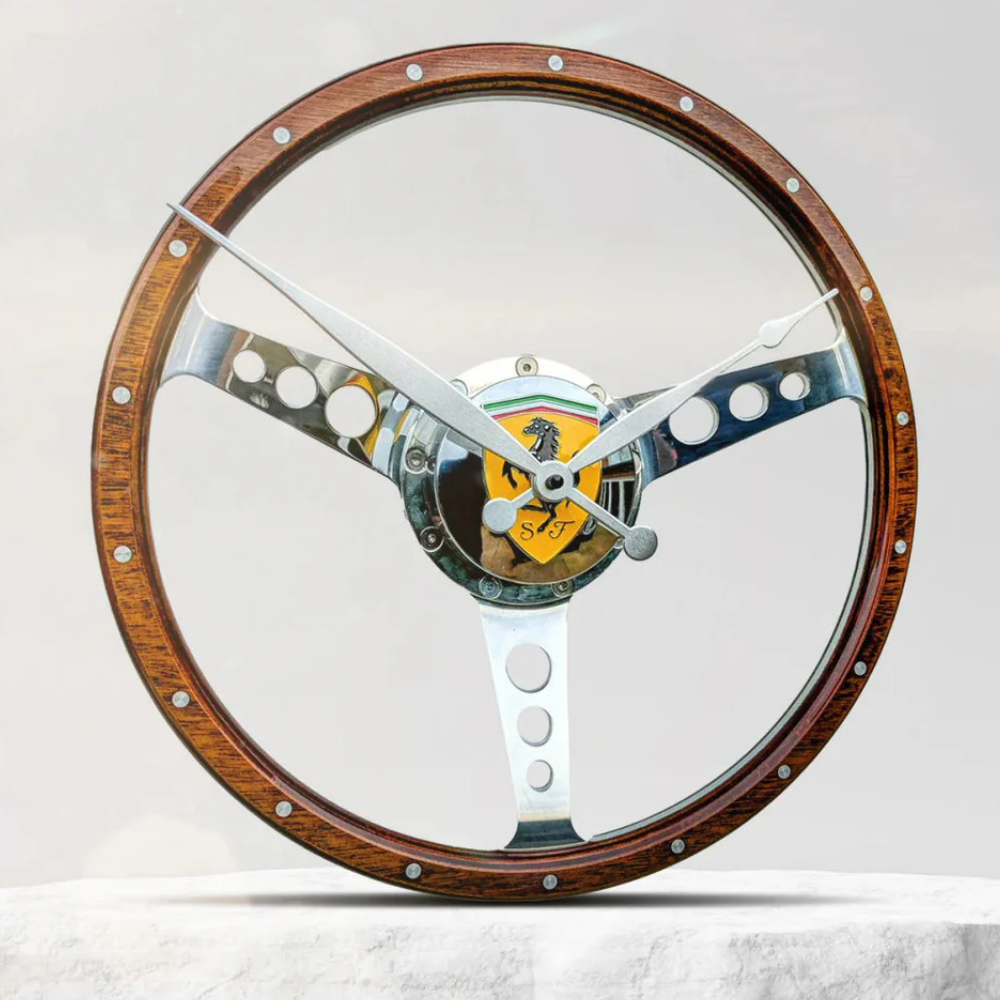 Classic car polished wooden steering wheel clock. Customers choice of car badge.