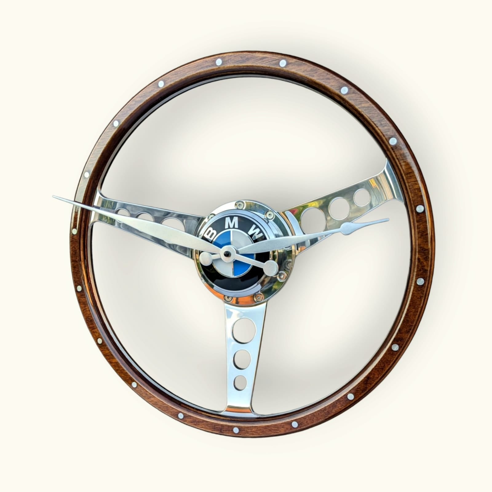 Classic car polished wooden steering wheel clock. Customers choice of car badge.
