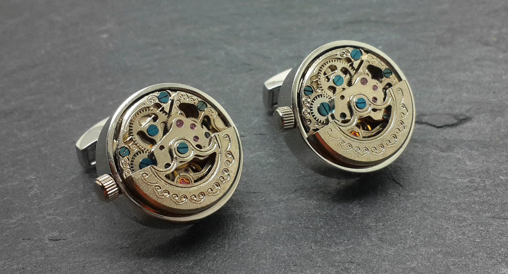 Working Clockwork Cufflinks With Crescent Decoration