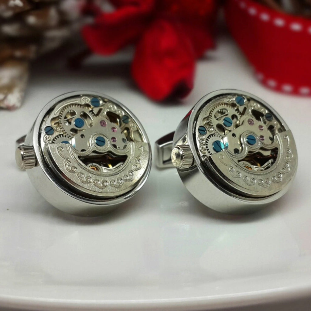 Working Clockwork Cufflinks With Crescent Decoration