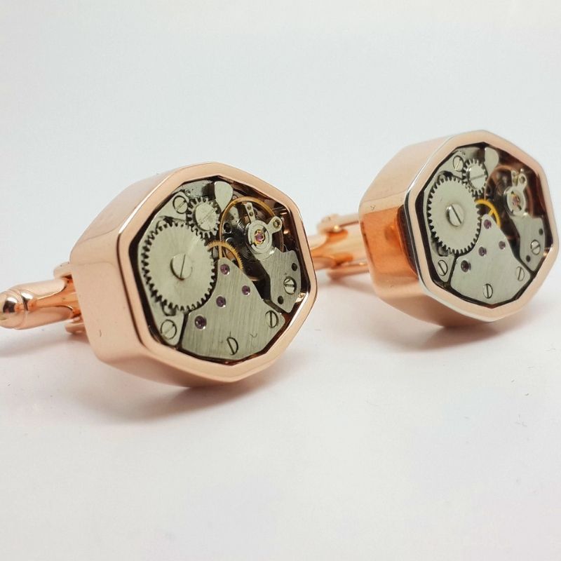 Decorative Clockwork Cufflinks Polygon In Rose Finish