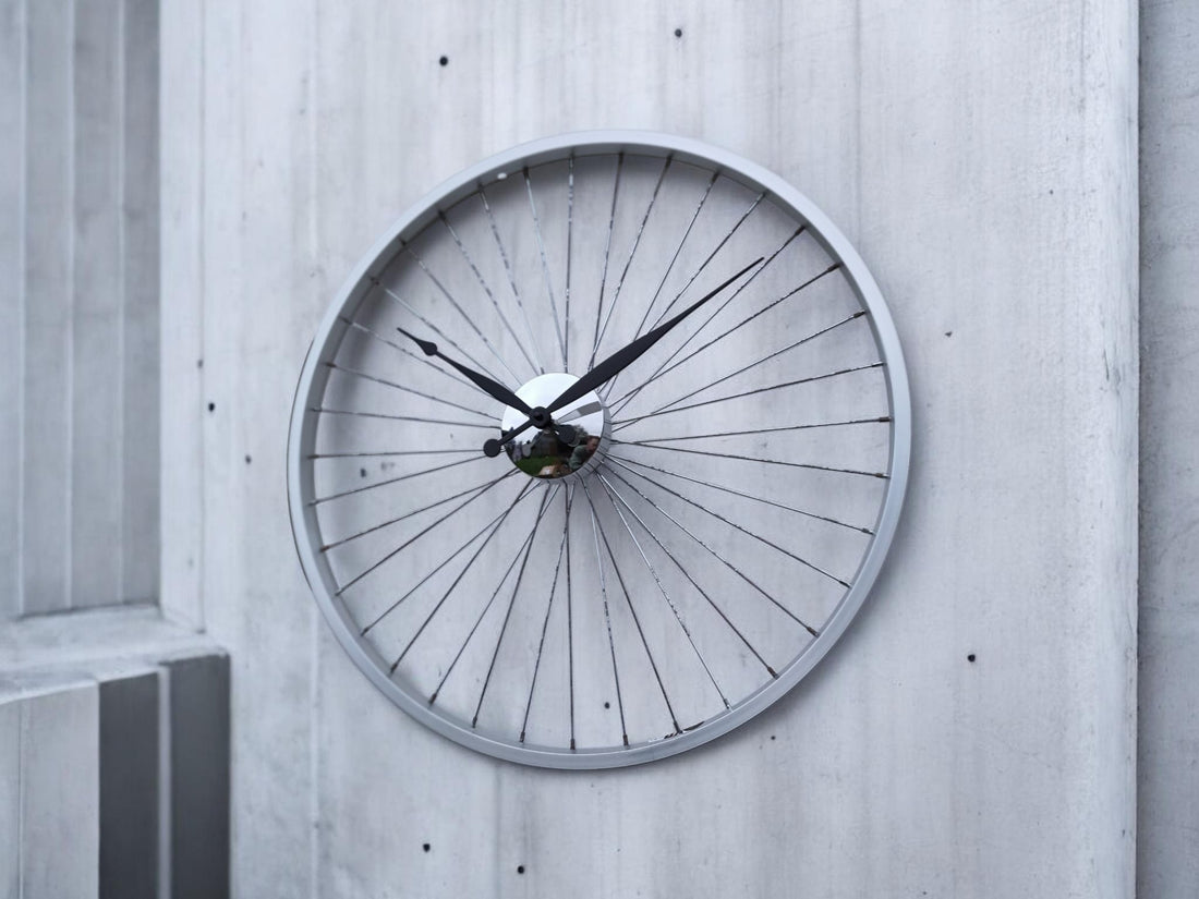 Discounted - Handmade 57cm Bike Wheel Wall Clock – Bicycle Rim Clock with Rustic Patina