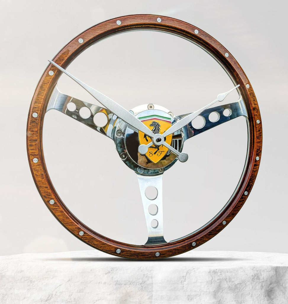 Classic car polished wooden steering wheel clock. Customers choice of car badge.