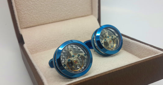 Tourbillon Clock Mechanism Cufflinks in blue with clear sides
