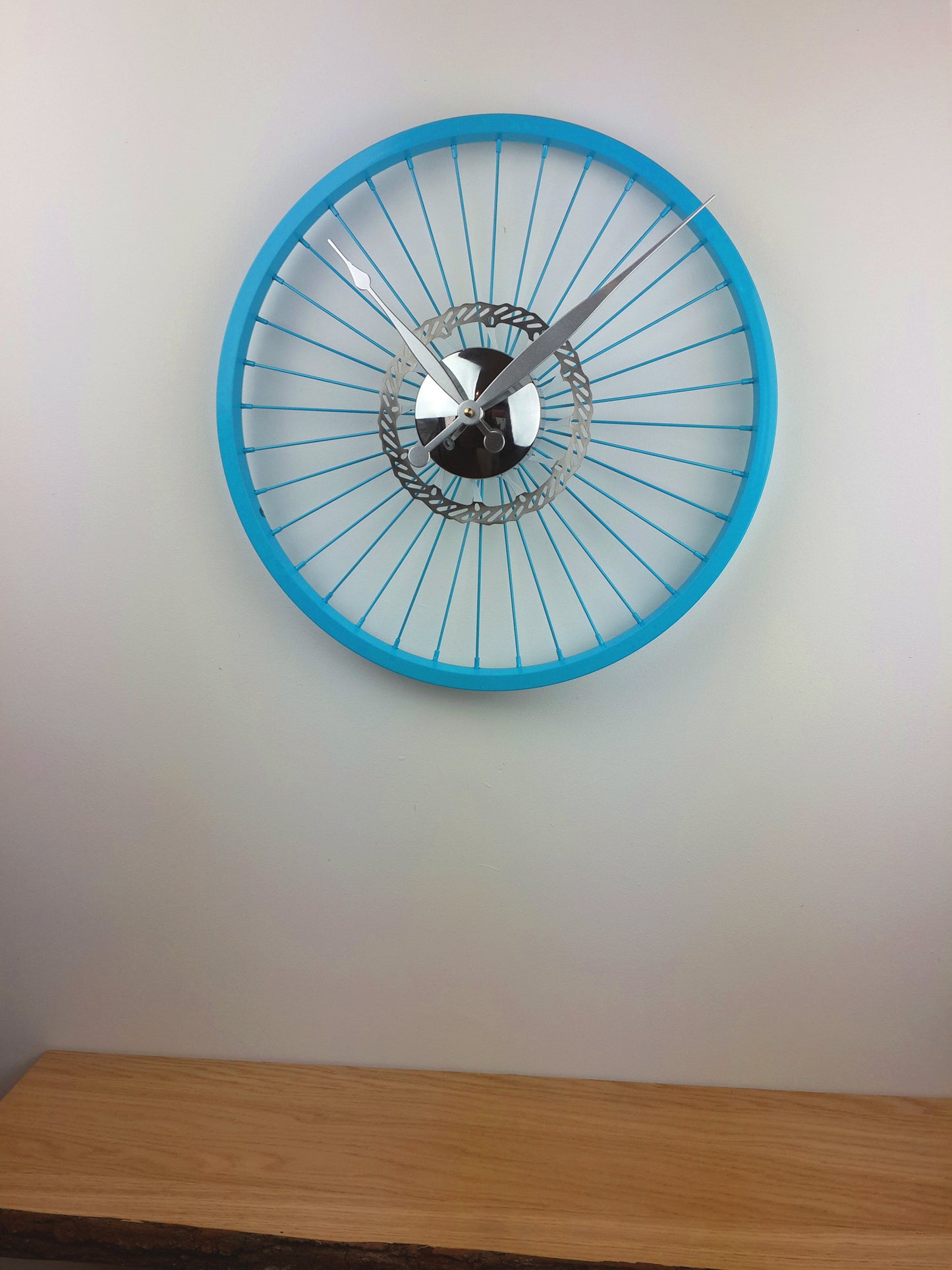 Blue Bike Wheel Clock With Brake Disc