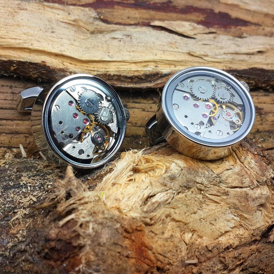 Watch Mechanism Cufflinks, Moving Parts with engraved chrome box